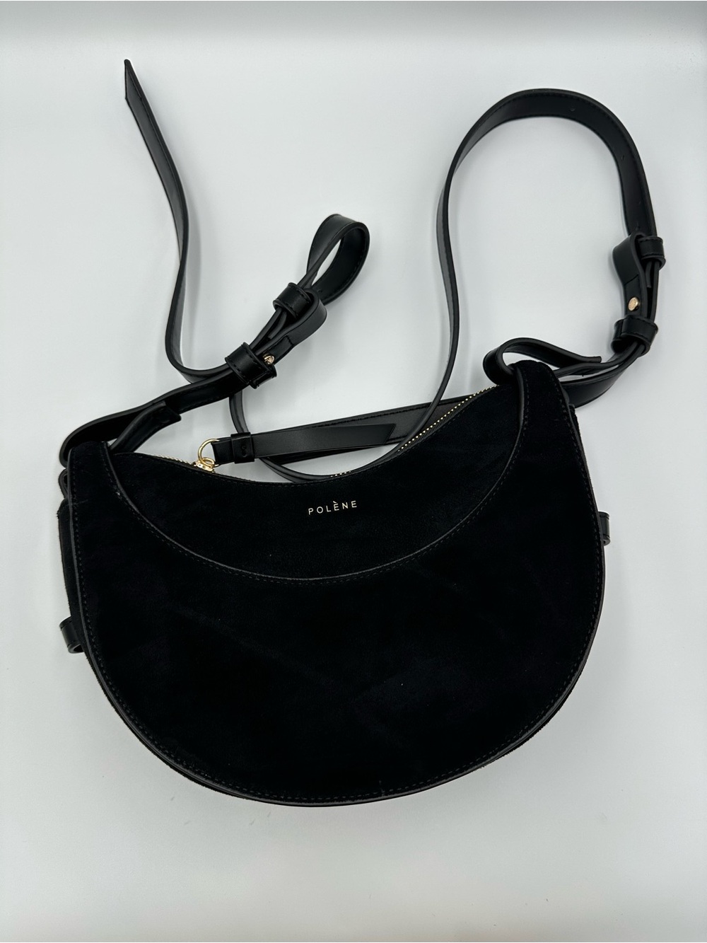 Polene Numero Dix Black Suede Crescent Crossbody Bag Discontinued 2 Straps